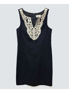 Eliza J Navy Sleeveless Dress With Lace Overlay & Pom-Pom Trim Size 4